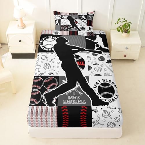 Image of Castle Fairy Baseball Player Bed Sheet Set Twin Size,Sports Geometric Grid Red Grey Sheet Set Kids Teens,Patchwork Baseball Bedding Decor Set with 1 Flat & 1 Fitted Sheet with 1 Pillow Sham