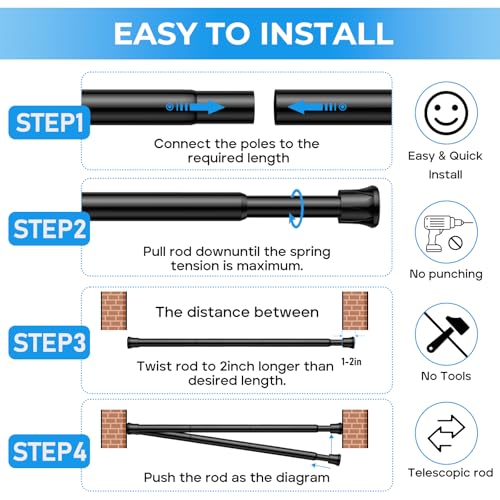 Image of 2 Pack Tension Rods for Windows 28 to 48 inch, Adjustable Curtain Rods No Drilling Spring Rods Extendable Pressure DIY Tension Rod for Window Closet Kitchen, Black