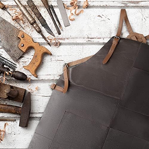 Theodore Leather Work Apron - Comfortable Crossback Leather Straps. Ideal for Woodworking Workshop, as Barista & Barbecue Grill Apron. 3 Large Pockets for Tools. Adjustable to Fit Men & Women