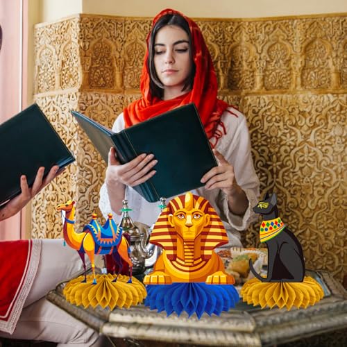 Image of Egyptian Honeycomb Centerpieces 12PCS Egypt Pyramid Party Decorations Ancient Egypt Theme Birthday Table Centerpieces Mummy and Sphinx Decor for Egyptian Party Supplies