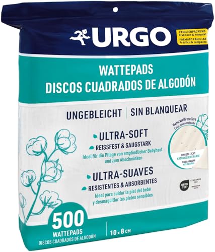 Urgo, Cuadrados de algodón, Formato familiar, Ultra-suaves absorbentes, Algodón de calidad certificada OEKO-TEX Sin Blanquear, 500 unidades