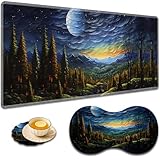 大型ゲームマウスパッド + 手首サポートパッド + コーヒーコースター、縫い目のエッジ付きデスクパッド、滑り止めセットパッド オフィスワークや自宅に最適 - アートムーンスターリーナイト。