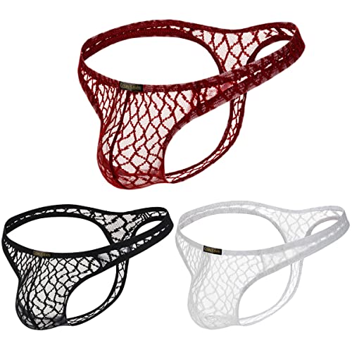 Casey Kevin Men's Thongs Underwear Sexy Lace G-String Bulge Pouch Breathable Panties, 3 packs