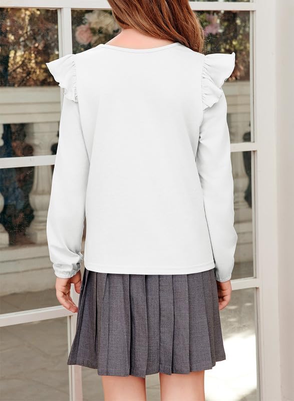 Girls Long Sleeve Shirts Casual Ruffle Trim Crewneck Blouse Tops 6-15 Years - Image 3