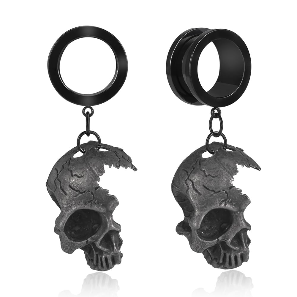 Vankula 2 PCS Black Skull Pendant Hypoallergenic Stainless Steel Plugs Ear Gauges Tunnels Piercing Expander Stretchers Fashion Body Jewelry