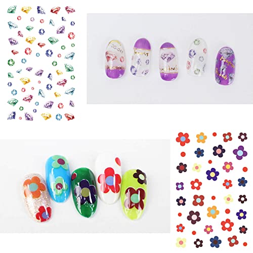Yarlilyan 7 Sheets Kids Funny Nail Sticker For Little Girls Women, Diy 3D Art Decals Including Flowers Birds Diamonds Rainbow Holiday Variety Pack Polish Self Adhesive Decor Set, 2.4'' X 3.6'' #TOP2