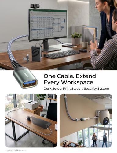 Image of AINOPE USB Extension Cable 10FT USB 3.0 Extender Male to Female Cord Grey | 5Gbps High Data Transfer for Printer Webcam Flash Drive Hard Drive Hub Keyboard Mouse Camera Playstation Xbox and More