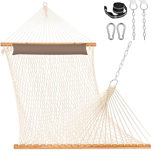 Image of Lazy Daze Hammocks 12FT Double Rope Hammocks, 2 Person Hand Woven Cotton Hammock with Pillow and Spreader Bar for Outside, Patio, Poolside, FIT 13-15 Ft Stand, Max 450 Lbs, Natural, 141 x 57 inches