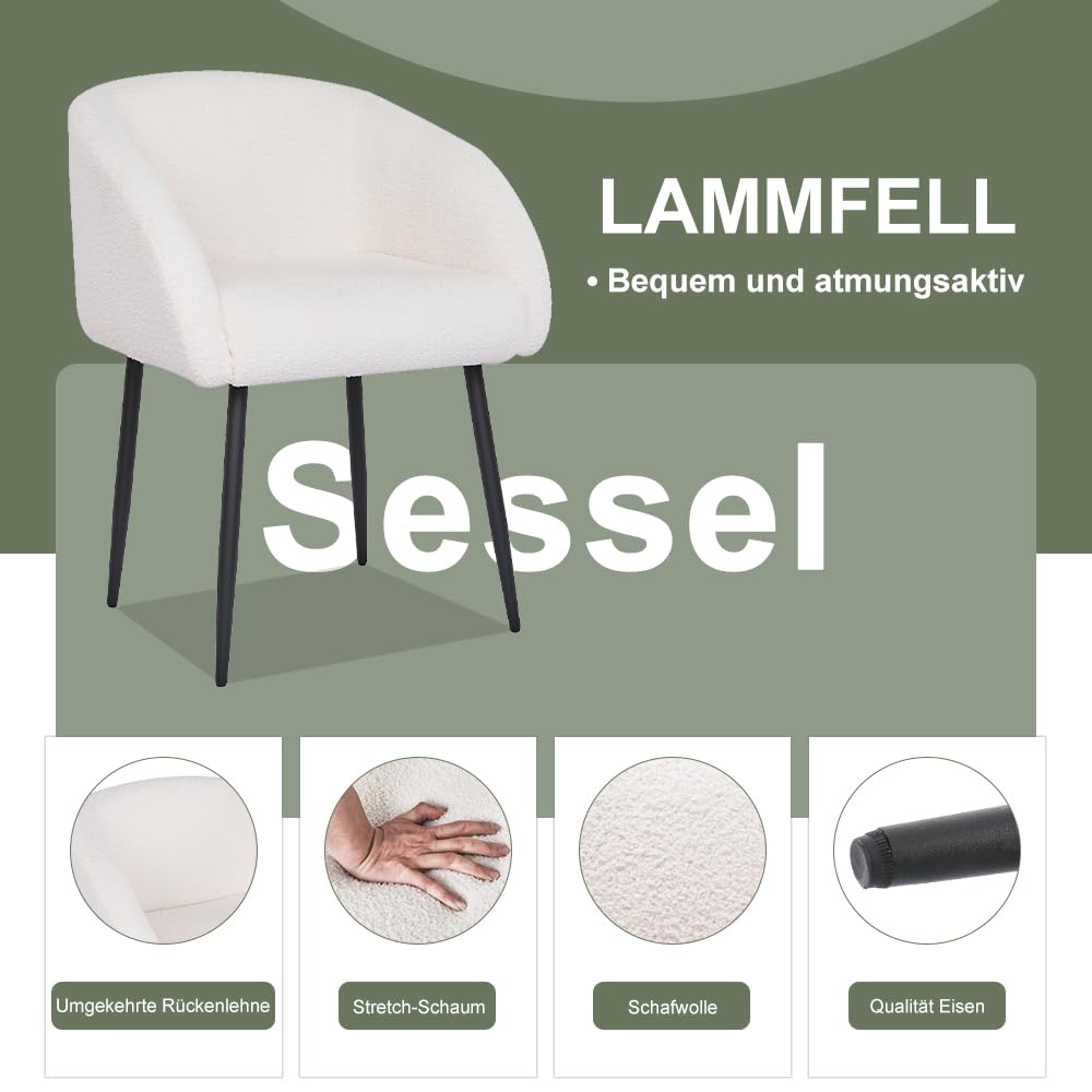 Mingone Sessel Lounge Loungesessel für Wohnzimmer Lammwolle Polsterstuhl Stuhl mit Armlehnen Cocktailsessel Modern Schwarz Metallbeinen für Schlafzimmer Last bis 120 kg, Weiß