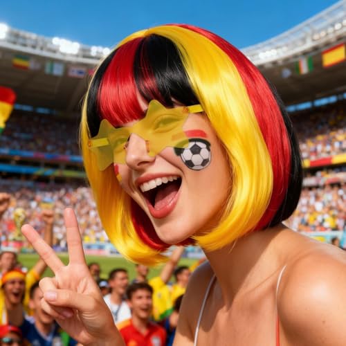 Image of ANOGOL Hair Cap + (Sunglasses) Black Red Blonde Bob Wig with Bangs Womens Black Party Wigs with Sunglasses Short Neon Wig Fun Wigs Halloween Costume Bachelorette Hair Sports Event St Patrick Day