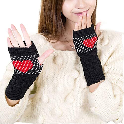 Fashion Women Fingerless Love Heart Gloves Winter Half Finger Knitted Mittens Acrylic Gloves Warm Women Gloves mittenOne Size - (Color: BK)