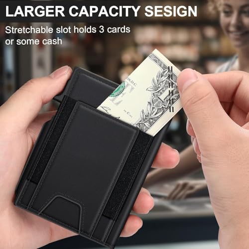Image of VOGARD Smart Pop-Up Leather Wallet for Men & Women | RFID Blocking Card Holder with Money Clip | Slim Magnetic Bifold Wallet with Quick Access Button - Holds 14 Cards & Cash (Black)