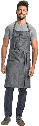 Mercer Culinary Metro Edge Renegade - Delantal con peto, color negro y correas de cuero marrón disponible en Yaxa Costa Rica