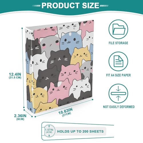 Image of Cats Cute Animal 3 Ring Binder with 2 Interior Pockets 1.5 inch Binders 3 Ring Heavy Duty Fit 8.5 inch x 11 inch Letter Size for Office School, 2 Pack
