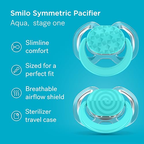 Smilo Baby Pacifier - 2 Pack of Slimline Pacifiers for Babies with Sterilization Box - Stage 1 for Babies 0-3 Months - 100% Silicone Newborn Pacifiers BPA Free - Aqua Blue