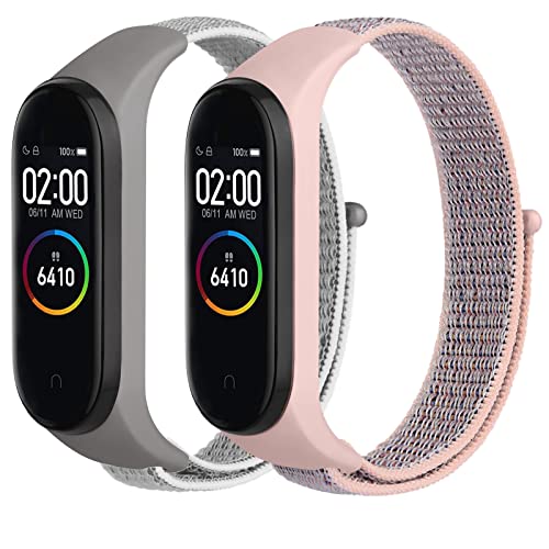 DEOU 2 Pack Correas Compatible con Xiaomi Mi Band 4 Xiaomi Mi Band 3,Nylon Pulseras de Repuesto Suave y Transpirable para Xiaomi Mi Smart Band 4 y Xiaomi Mi Smart Band 3(Gris/Rosa Sand) Cover