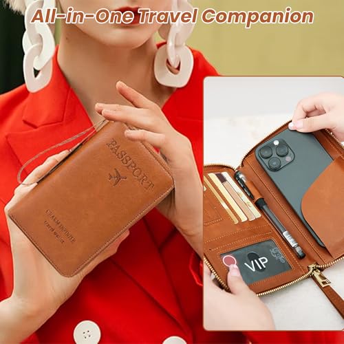 Rowgins RFID Passport Wallet Holder: Multi-Functional Passport Holder for Travel Essentials - Wallet Cover Case for Travel Women and Men Must Haves Accessories (brown)2