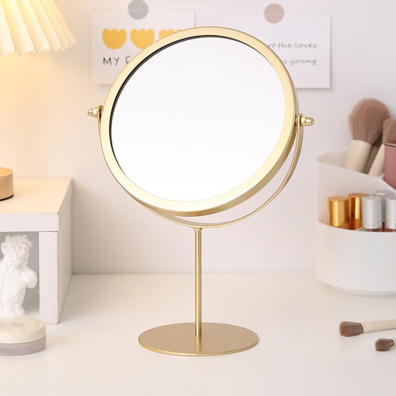 CHIBRO One-Sided Metal Tabletop Makeup Mirror | 360° Rotating Round Mirror with Stable Base | Dressing Table Vanity Mirror for Women (Golden)