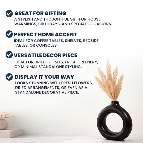 Image of Modern Matte Black Ceramic Donut Vase - Minimalist Hollow Round Flower Vase for Home Decor, Living Room, Bedroom & Office Accent, 5x5.1 Inch