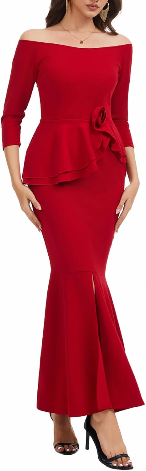 Evening Gowns for Women Formal Off Shoulder Wedding Guest Party Dress Elegant Short Sleeve Split Long Cocktail Dresses
