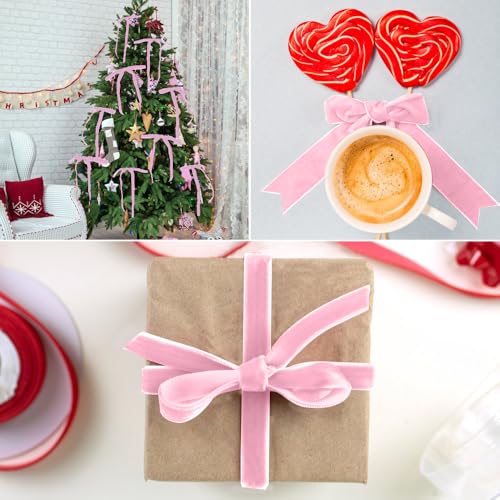 20mm x 25Yard Thick Velvet Ribbon - Christmas Ribbon for Tree Pink and Wide - Image 4