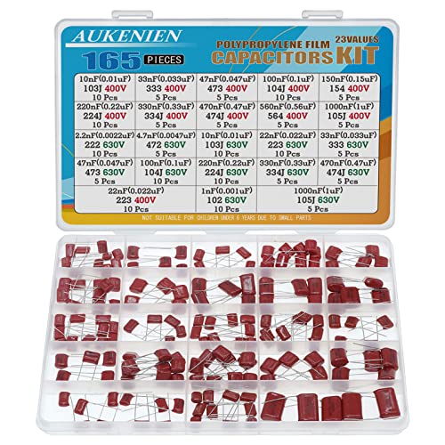 AUKENIEN 23 Valores 165 Piezas Condensador de Película de Polipropileno Metalizado 400V 10nF a 1uF 630V 1nF a 1uF CBB22 Kit de Surtido de Condensadores