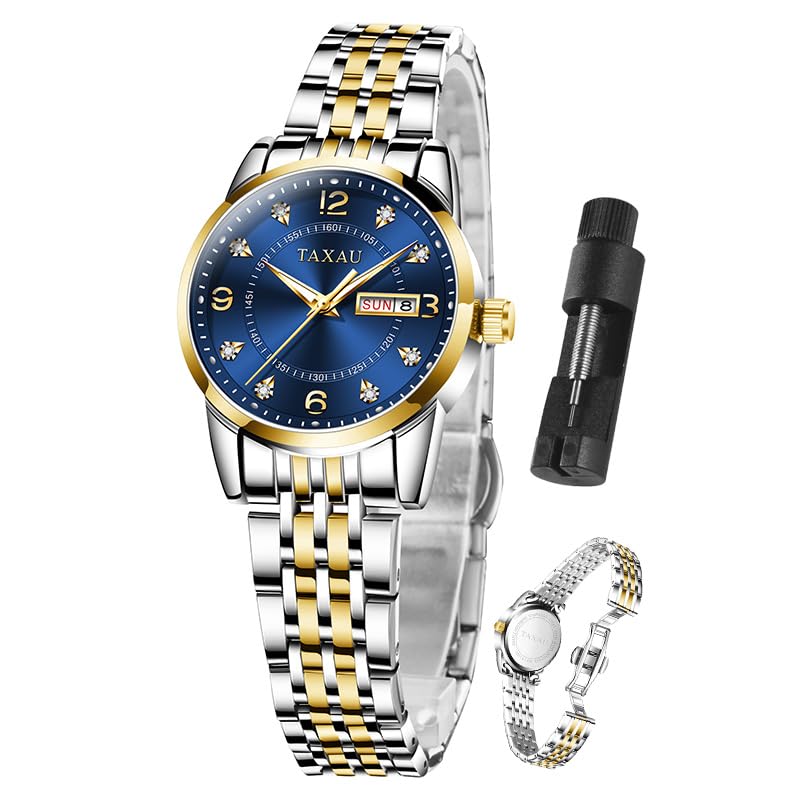 Taxau Kleid Uhren für Frauen Blaues Zifferblatt Quarzuhren für Frauen Edelstahl Armbanduhr Luxus Diamant Wasserdicht Luminous Day Date Damenuhren Reloj para Mujer