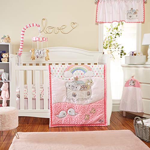 Precious Moments Noahs Ark 4 Pc Crib Bedding for Girls by Everyday Kids; Nursery Set Includes Baby Bed Quilt, Fitted Sheet, Dust Ruffle and Diaper Stacker with Sweet Images of Elephants and Giraffes