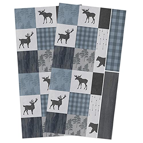 Bear Moose Kitchen Towels 2 Pack, Cabin Dish Towels For Kitchen, Retro Forest Rustic Animal Absorbent Microfiber Hand Towels For Bathroom, Blue Plaid Soft Tea Towels Bar Towels, 18 X 28 Inch #TOP23