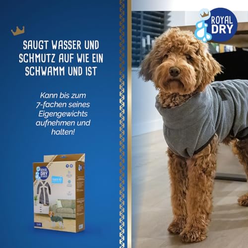 Royal Dry Hundebademantel M – Rückenlänge 50–58 cm – Mikrofaser – Für mittelgroße Hunde – Schnelltrocknend mit Klettverschluss – Grau