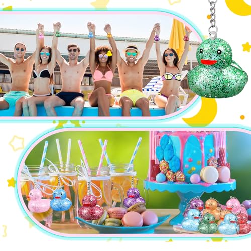 Image of Deekin 96 Pcs Mini Glitter Rubber Ducks Keychain Bulk Cruise Rubber Ducks Party Favor 3D Squeaky Duck Chains Colorful for Birthday Party Favors Gift Favor
