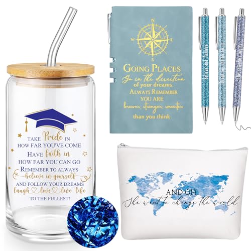 Domensi 6 Pcs Class of 2026 Graduation Gift for Her 16oz Glass Cup Makeup Bag Compass Journal Ballpoint Pens Inspirational Graduation Gift Set for College High School Daughter Sister Friend(Blue)