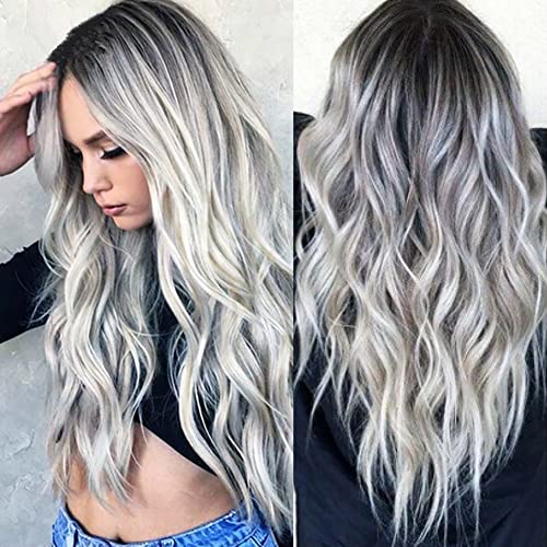 SHANHAIKX Perücke Grau Damen Ombre Silber Grau Lang Lockig Natürlich Synthetische Haar Perücken Für Frauen,Angenehm zu tragen,für den täglichen Gebrauch geeignet(25,5-27,5 Zoll) Cover