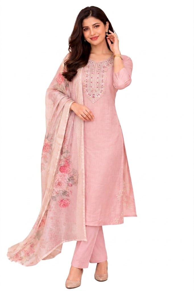 Women Embroidered Kurta Pant Set with Dupatta | Ethnic Straight Kurti Suit for Festive & Daily Wear(Light Pink,Green,Black, Purple,LightBlue, Maroon)-image-45