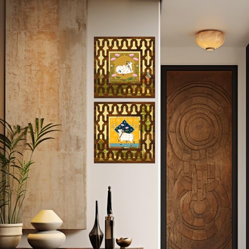 Image of Wooden Pichwai Cow Mirror Wall Decor Panel for Home Decor Living Room Bed Room Office (AD5, 12X12 Inches, Set of 2)