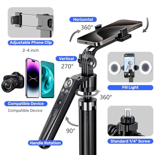 Auto Face Tracking Selfie Stick Tripod for iPhone with Light,360 Rotation That Follows Your Movement,70.9&#8243; Phone Camera Tripod Stand with Remote for Content Creator Vlog Live Stream Video Recording
