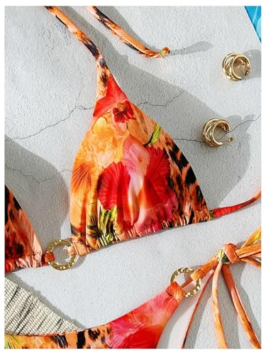 Floerns Women's 2 Piece Swimsuits Cheetah Floral Triangle Halter Bikini Tie Side Ring Bathing Suit3