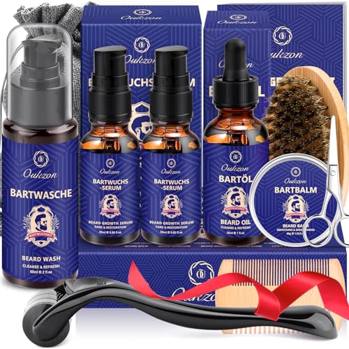 Kit de Cuidado Barba para Hombres, 11 en 1 Set de Cuidado de Barba con Champú, Aceite, 2 Sueros, Bálsamo, Cepillo, Peine, Tijeras y Bolsa de Almacenamiento, Regalos Navidad para Hombres