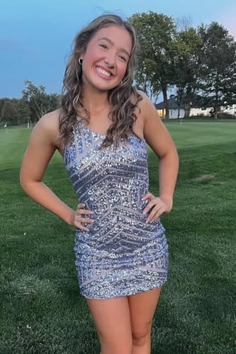 Juniors Sparkly Sequin Short Tight Homecoming Dresses for Teens One Shoulder Prom Dress Mini Cocktail Party Dress YZTS1193