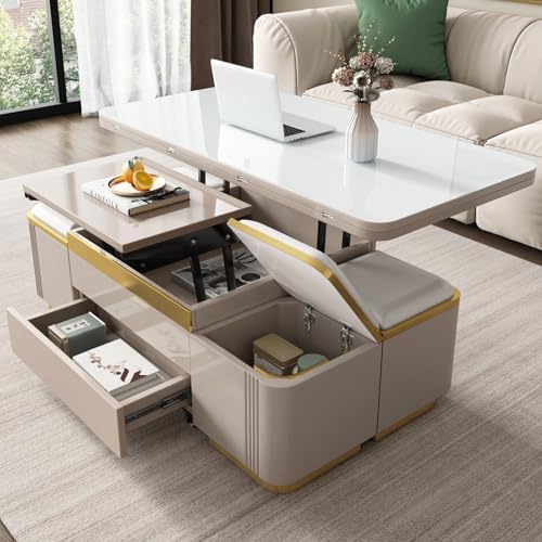 Table Basse Relevable Multifonction 120cm avec 4 Tabourets de Rangement, Plateau Blanc en Laque Brillante, Table Transformable Salon Moderne, Meuble Gain de...