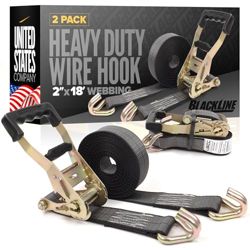 US Cargo Control Blackline Ratchet Straps Heavy Duty (2-Pack), 2 Inch x 18 Foot Black Ratchet Straps with Double J Hooks, 13,000 LBS Break Strength, Heavy Duty Tie Downs for Trucks and Trailers