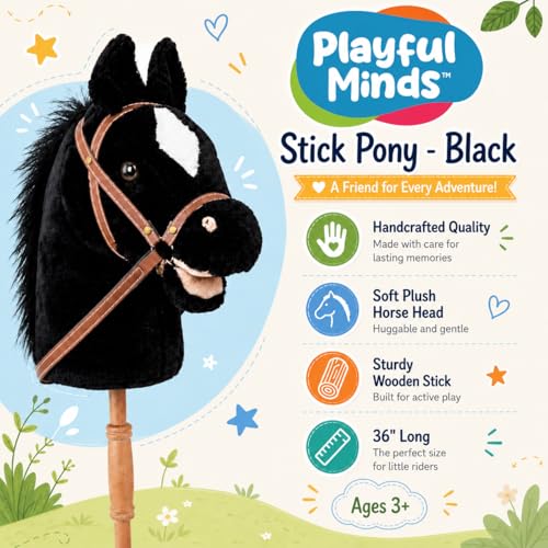 Image of Nature Bound Stick Horse | Horse on a Stick with Sound Effects - Handcrafted Plush Stick Pony for Toddlers & Kids | Handsewn, Sturdy Wooden Handle | Pretend Play Horse Toy (Black)