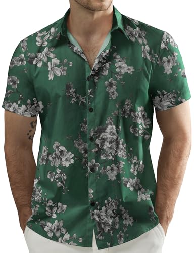 JOGAL Men's Flower Cotton Button Down Short Sleeve Hawaiian Shirt Forest Green Large