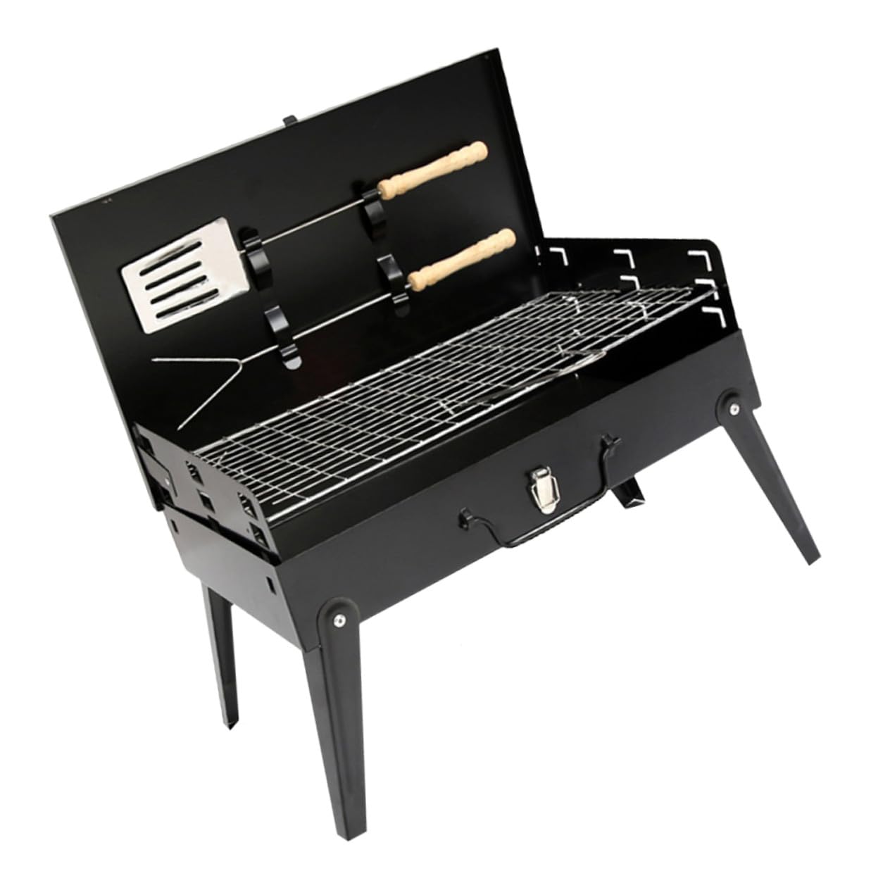 Parrilla de Barbacoa Portátil Plegable de Hierro Negro | Picnic y Acampada, con 2 Accesorios para Girar Alimentos, Segura y Firme