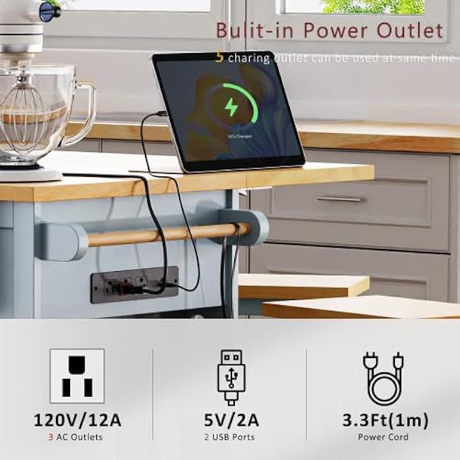 53 inch Large Kitchen Island with Drop Leaf, Power Outlet, Door Internal Storage Rack, Rolling Kitchen Cart on 5 Wheels for Kitchen, Dining Room-j98sRuU3
