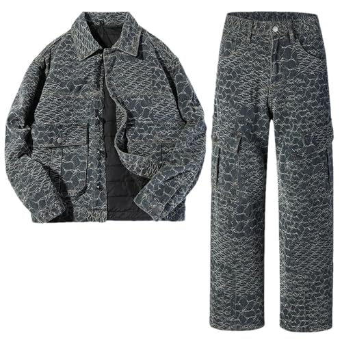 Men's Retro Denim 2-Piece Set, Casual Loose Jacket with Wide-Leg Straight Jeans Set