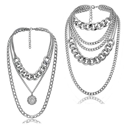 CIBIRICH Chunky Necklaces for women Multilayer Punk Chain Silver Statement Collar Necklace