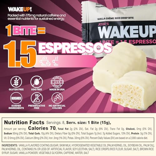 Image of WAKE UP! Caffeinated Vanilla Creme Energy Bites - 175mg Caffeine Per Bar (1.5 Espressos) - Coffee Alternative for Focus, Energy & Gym - Vegetarian, Gluten-Free, Kosher 3 Pack (24 Bites)
