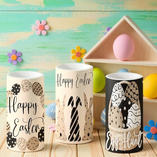 Image of Retisee 3 Pcs Black Brown Easter Flameless LED Candles Battery Operated Bunny Spring Flickering Pillar Candles with Remote Rabbit Easter Centerpiece for Bedroom Living Room Dinner Table Decoration