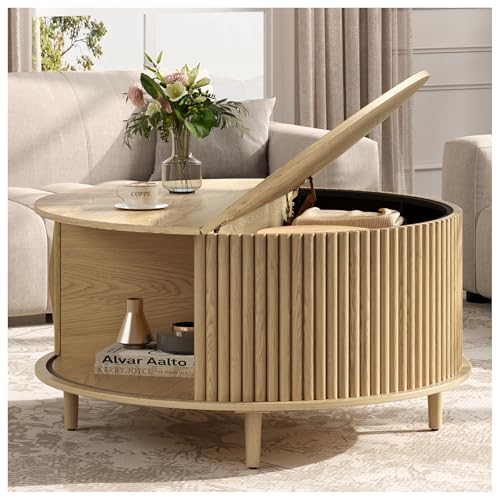 JOINICE,Round Coffee Table with Storage, 31.5' Natural...